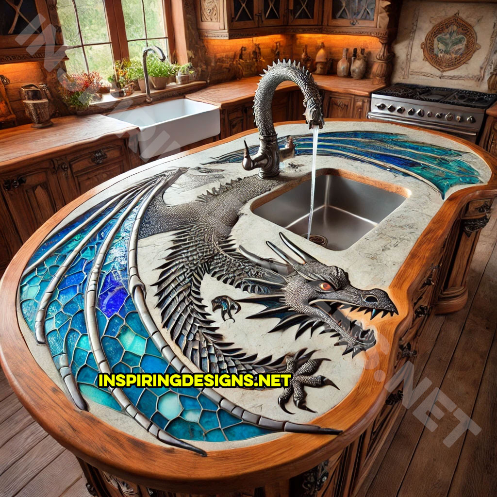 dragon kitchen island with a dragon faucet in a blue and black color