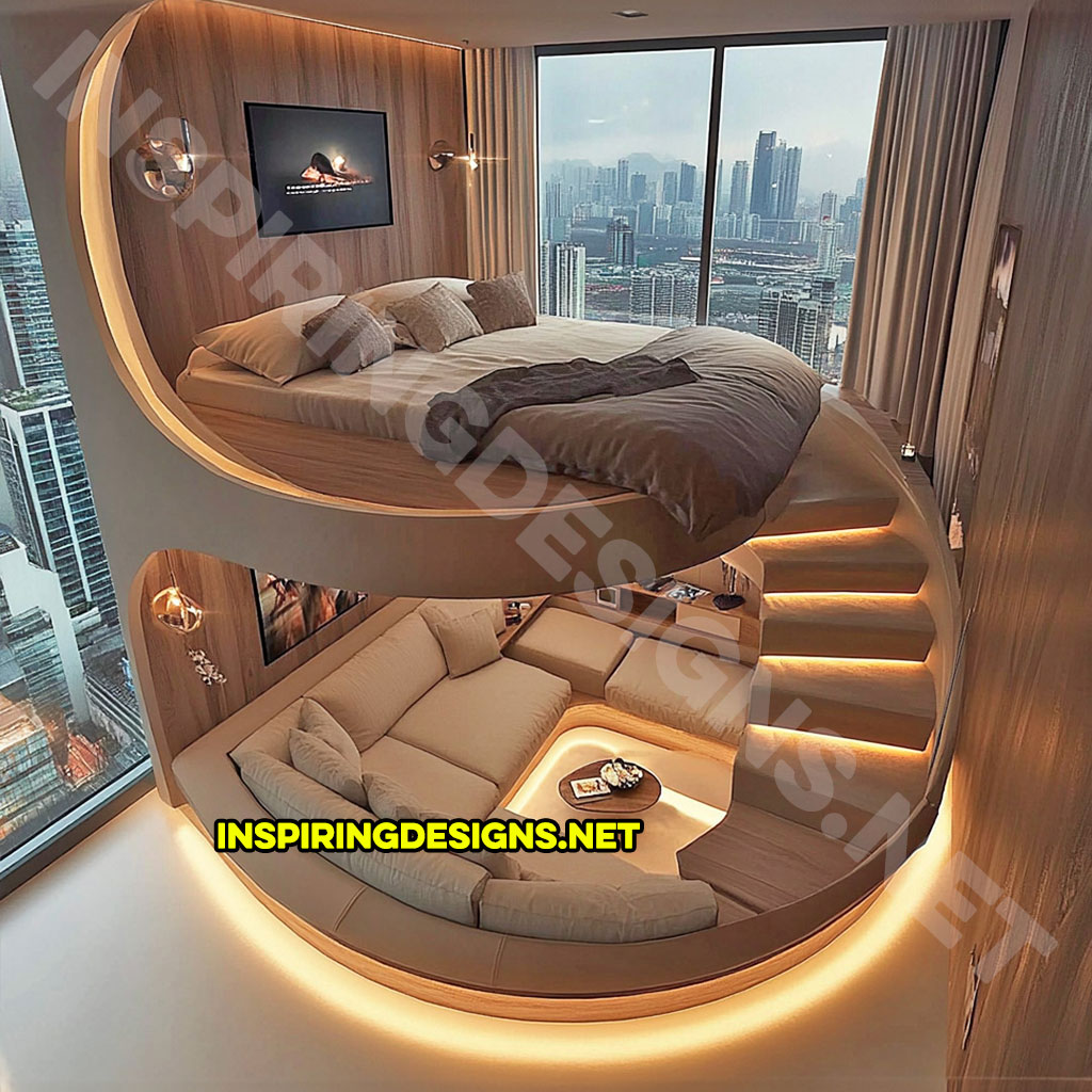 Elevated Loft Beds with lounge area below in cream and blue color