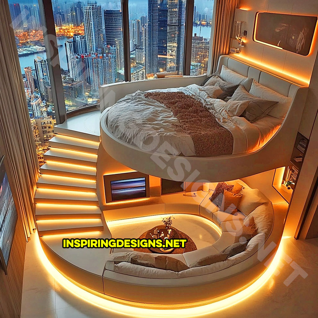 Elevated Loft Beds with lounge area below in cream and brown color