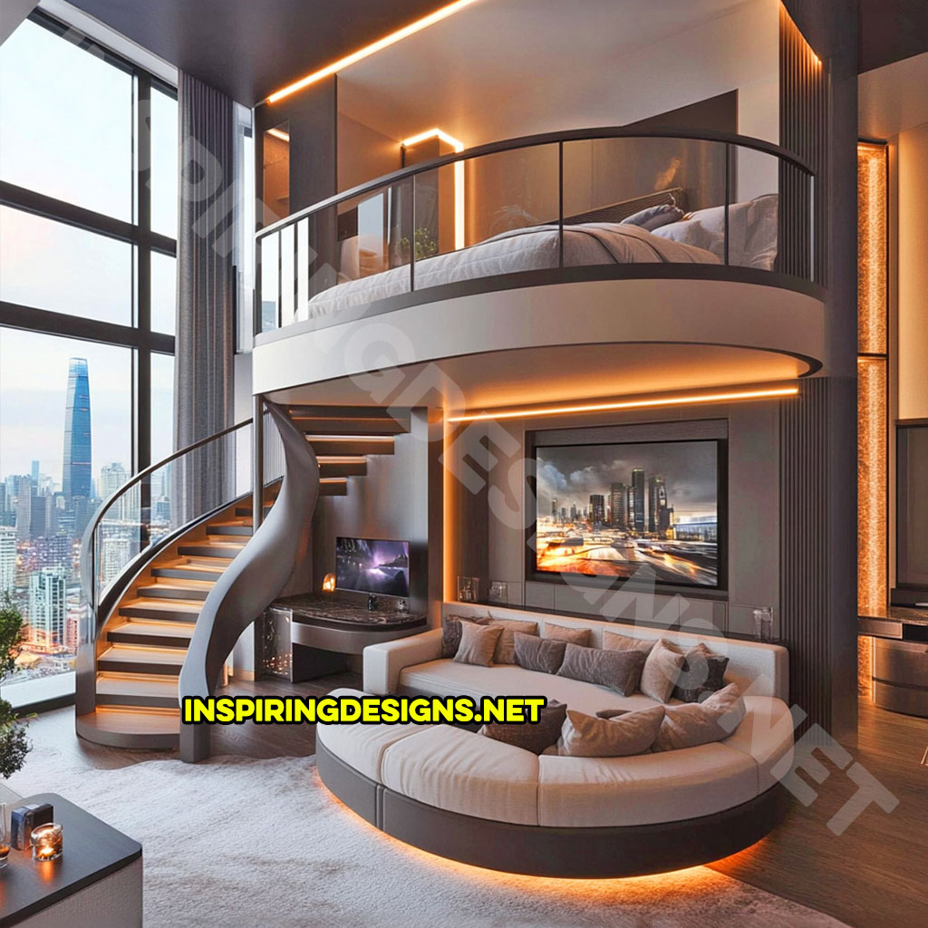 Elevated Loft Beds with lounge area below in black and white color