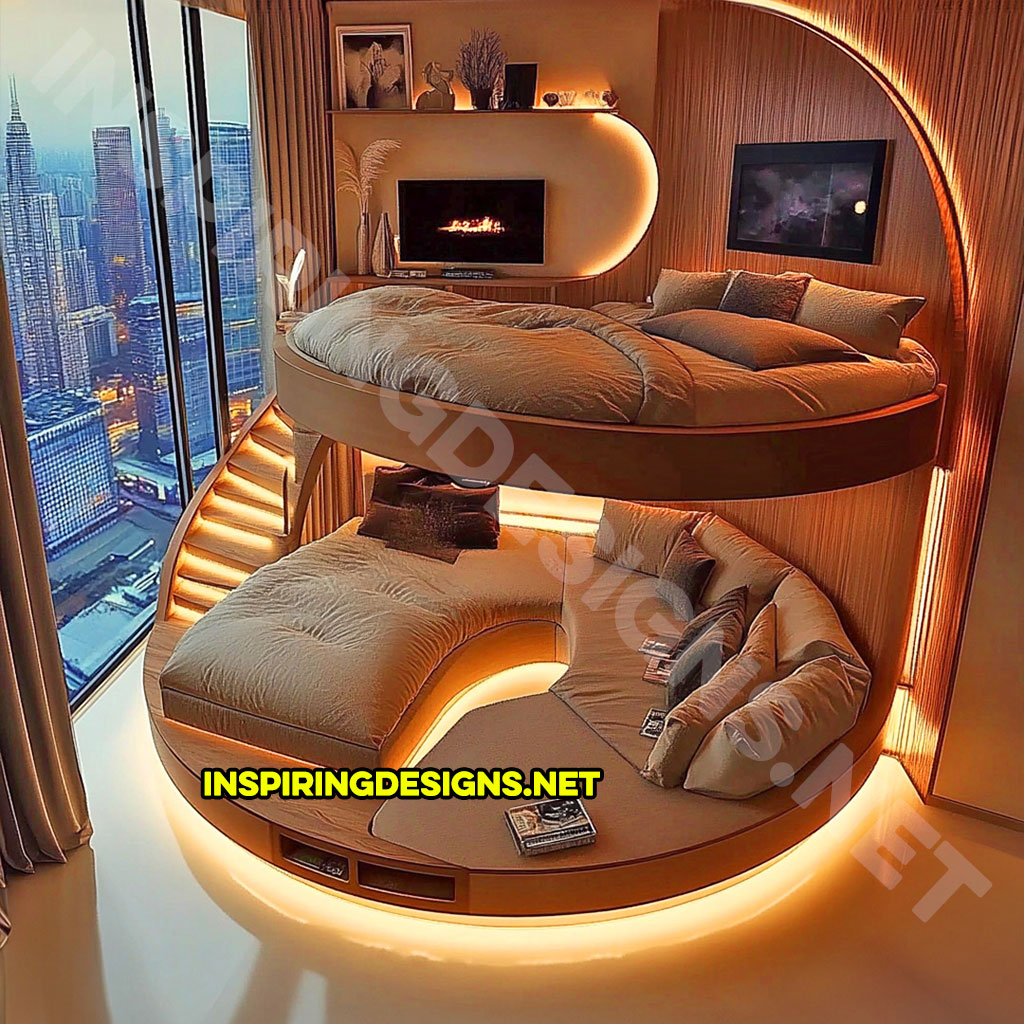 Elevated Loft Beds with lounge area below in beige and brown color