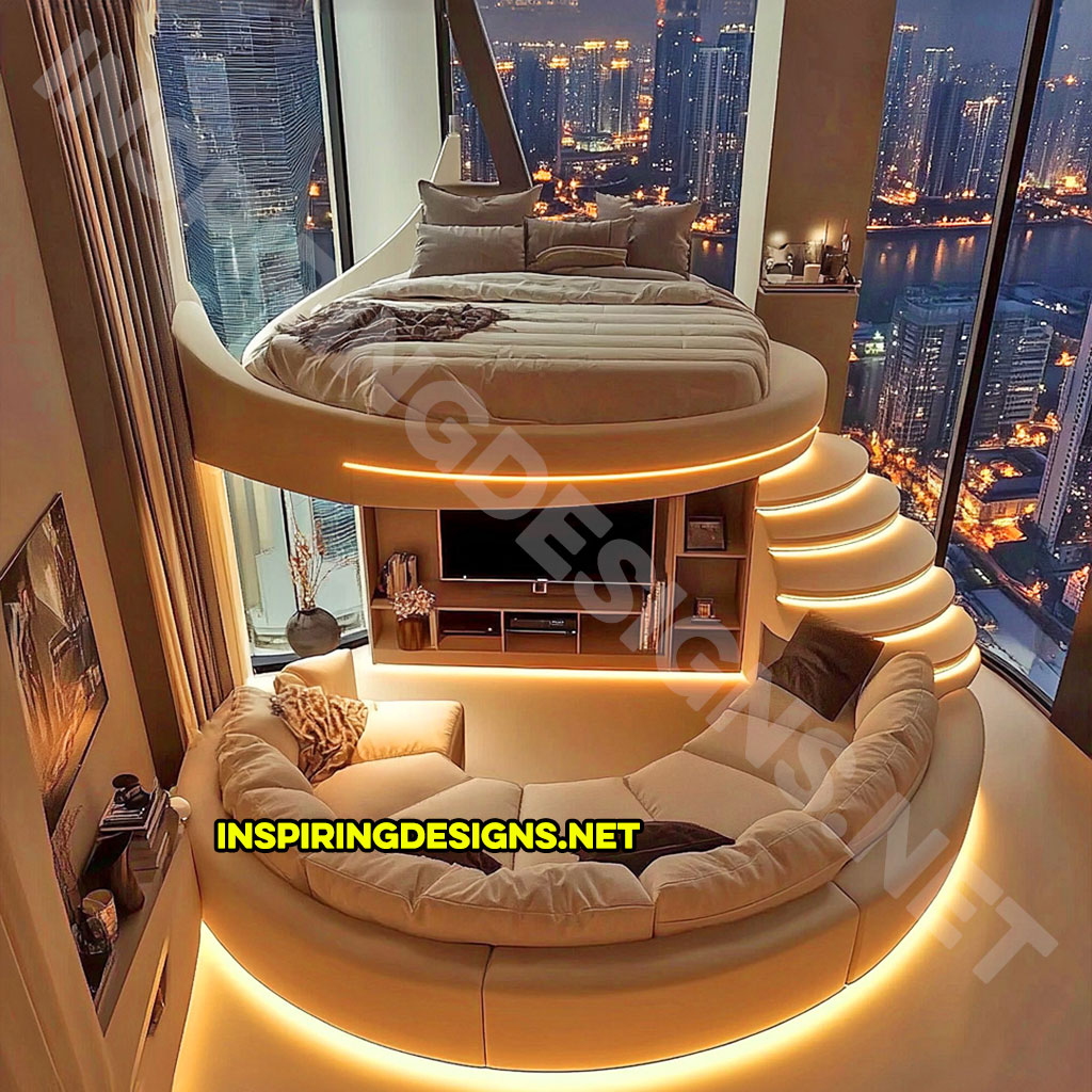 Elevated Loft Beds with lounge area below in cream and brown color