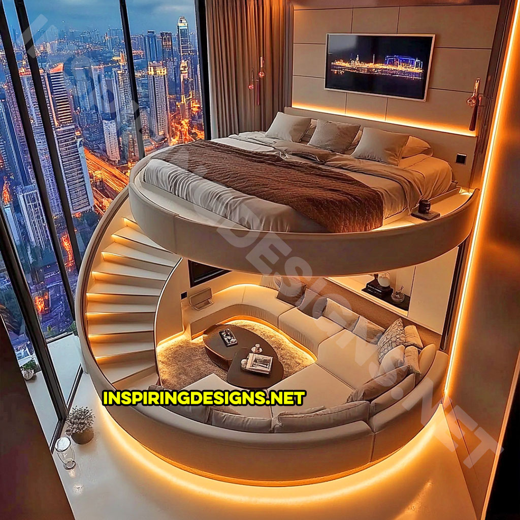 Elevated Loft Beds with lounge area below in cream and brown color