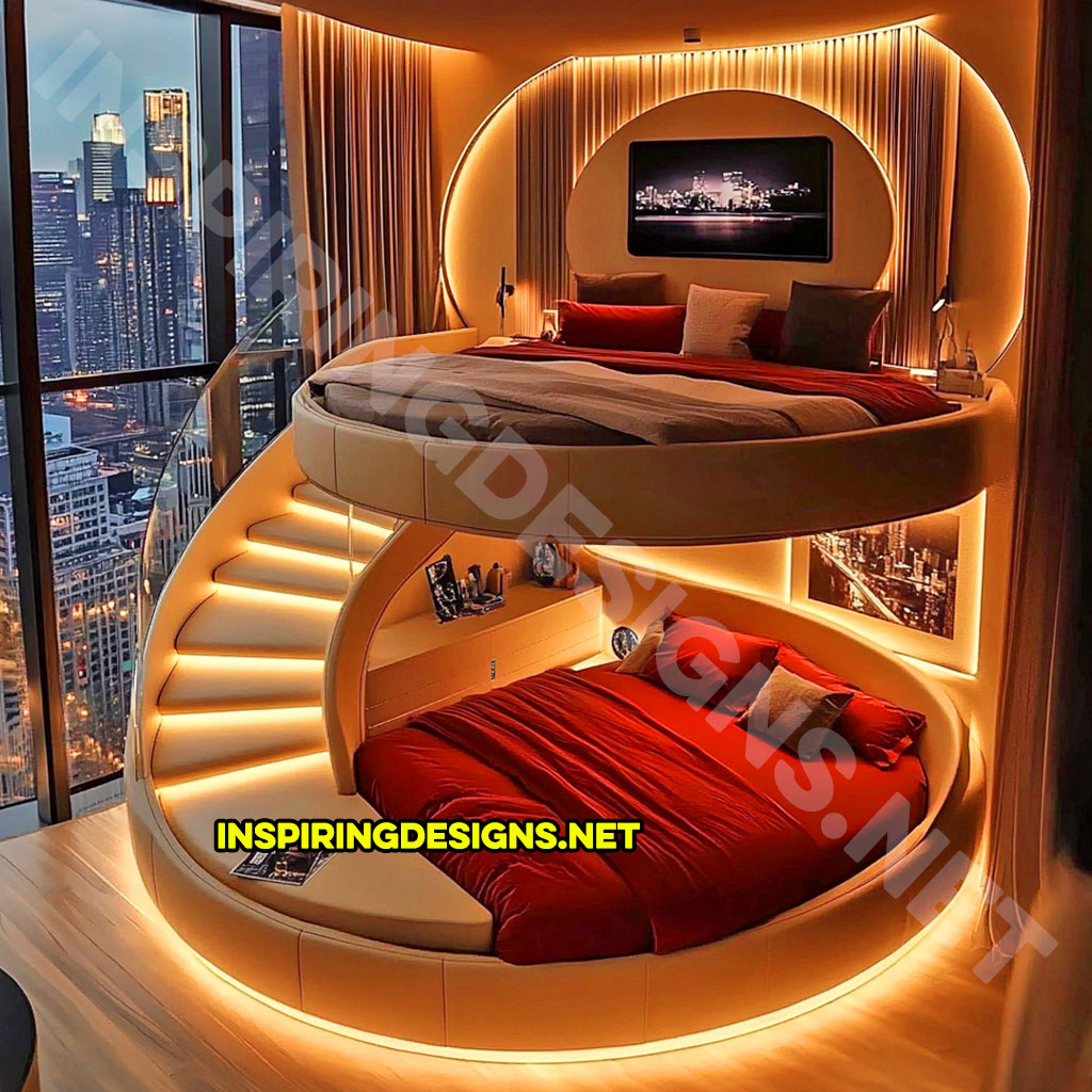 Elevated Loft Beds with lounge area below in red and cream color