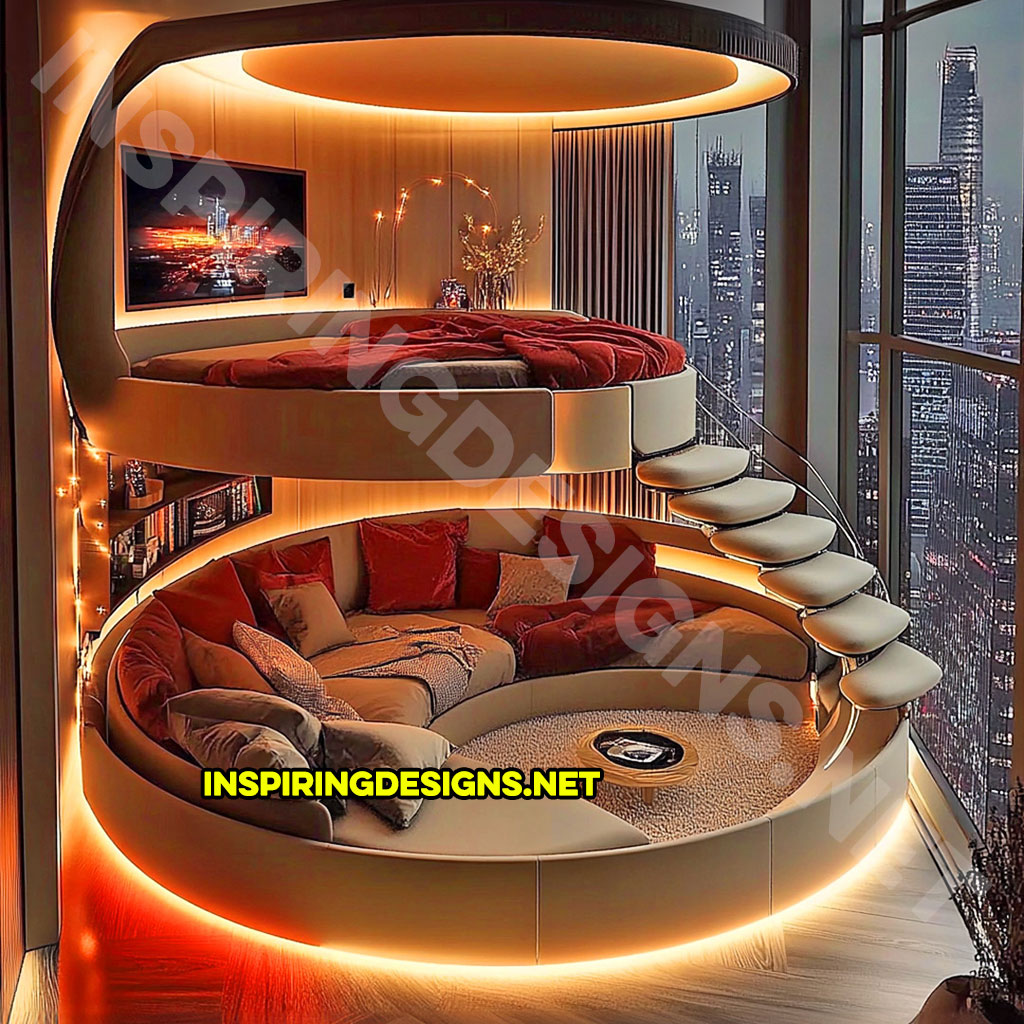 Elevated Loft Beds with lounge area below in cream and red color