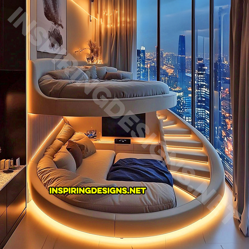 Elevated Loft Beds with lounge area below in blue and beige color