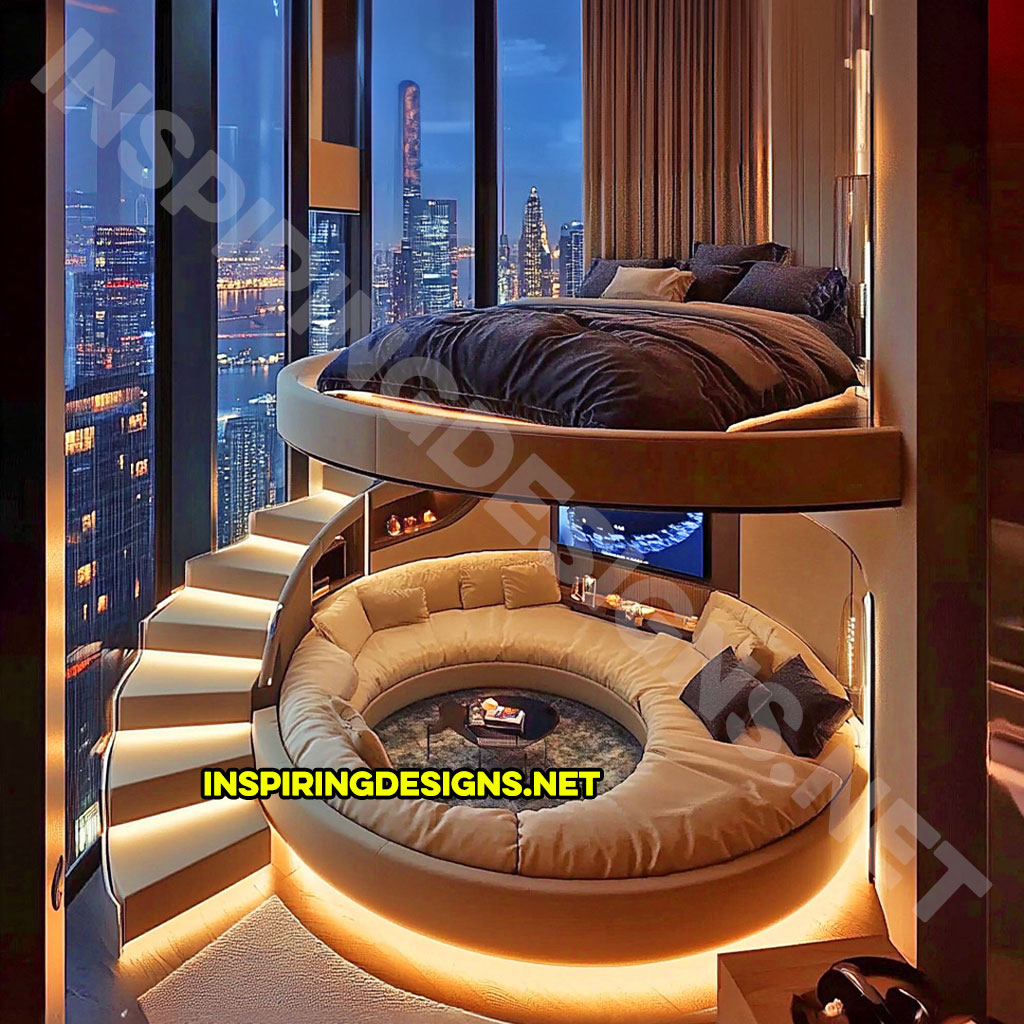 Elevated Loft Beds with lounge area below in brown and blue color