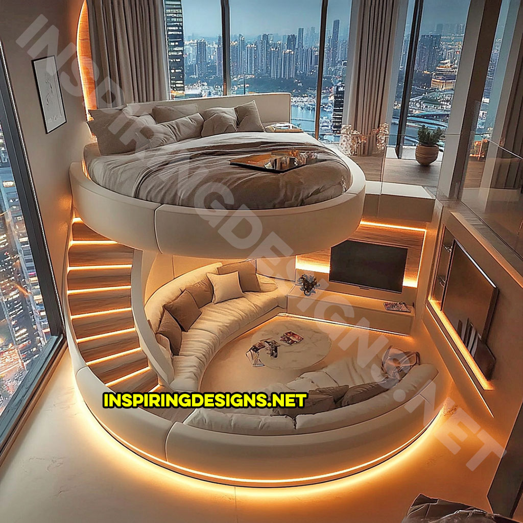 Elevated Loft Beds with lounge area below in white color