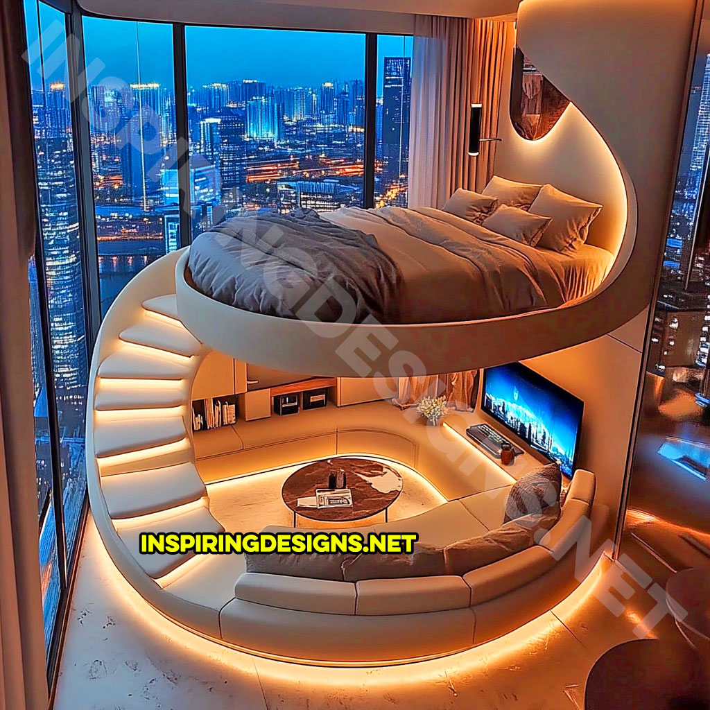 Elevated Loft Beds with lounge area below in beige and blue color