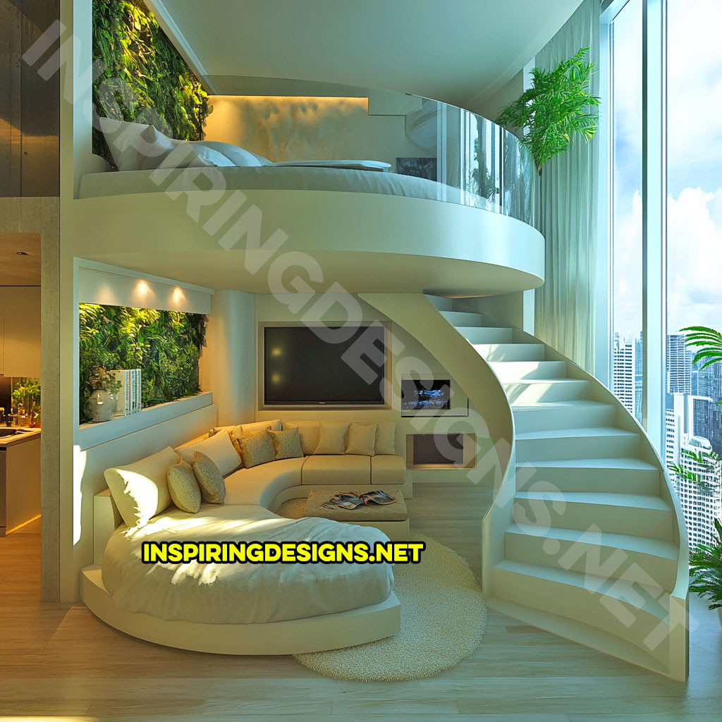 Elevated Loft Beds with lounge area below in white color