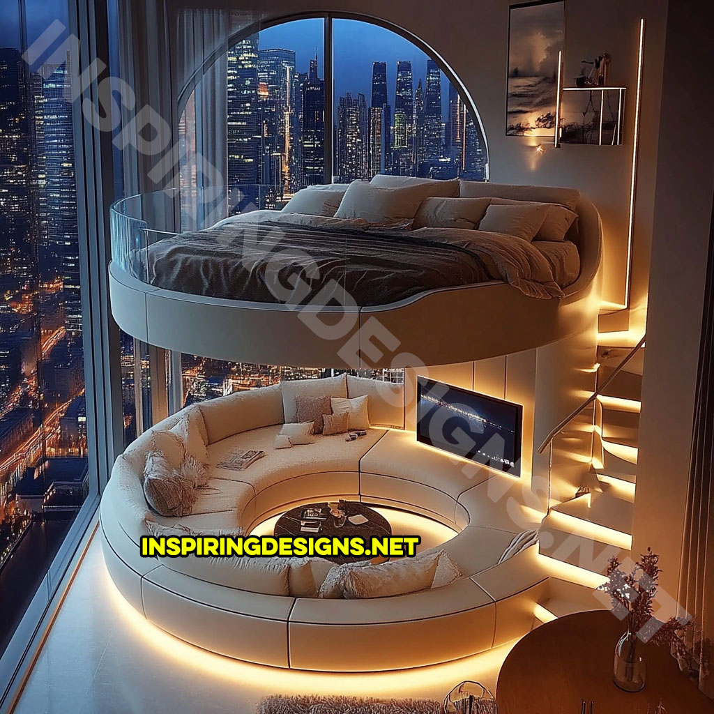 Elevated Loft Beds with lounge area below in cream and blue color