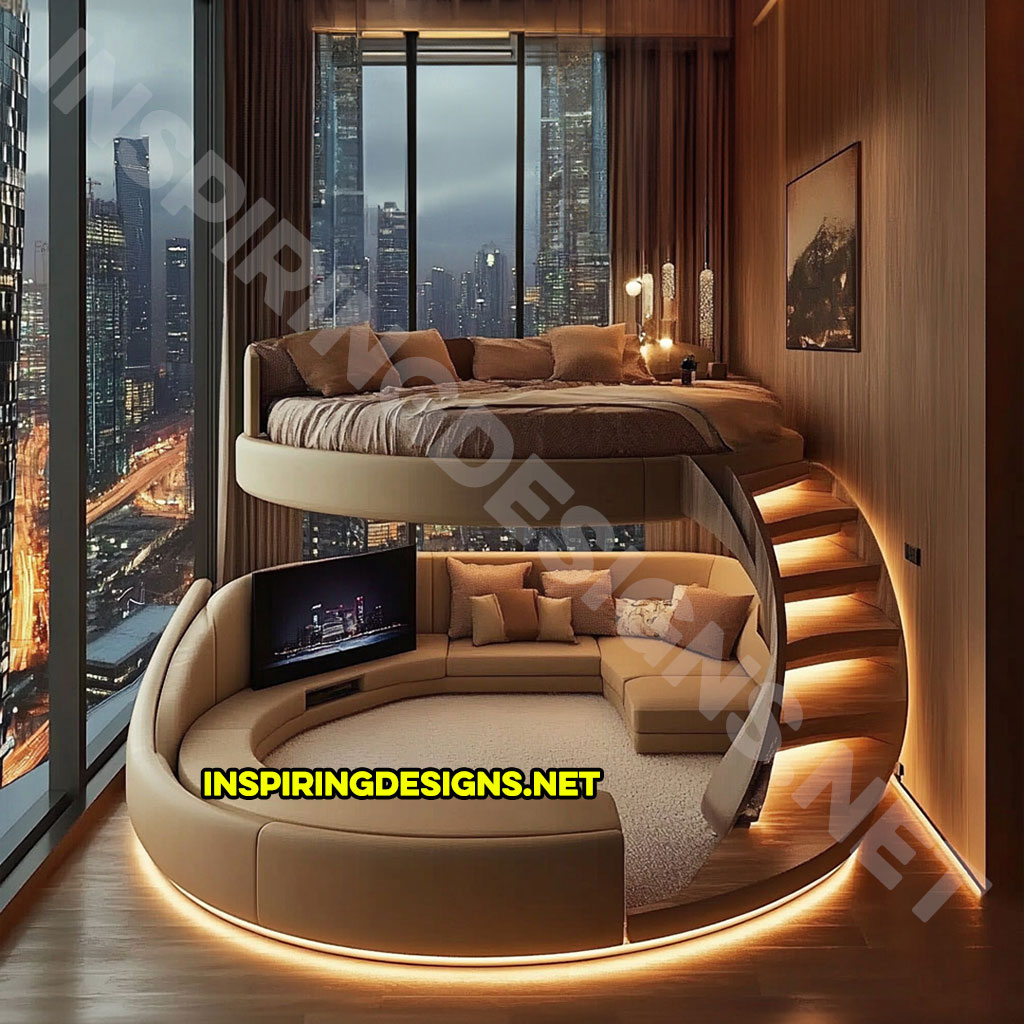 Elevated Loft Beds with lounge area below in beige and brown color