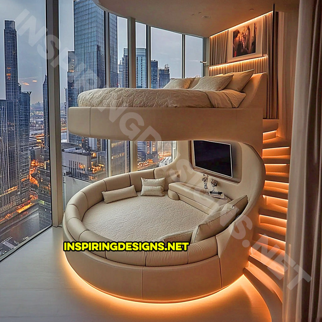 Elevated Loft Beds with lounge area below in cream color