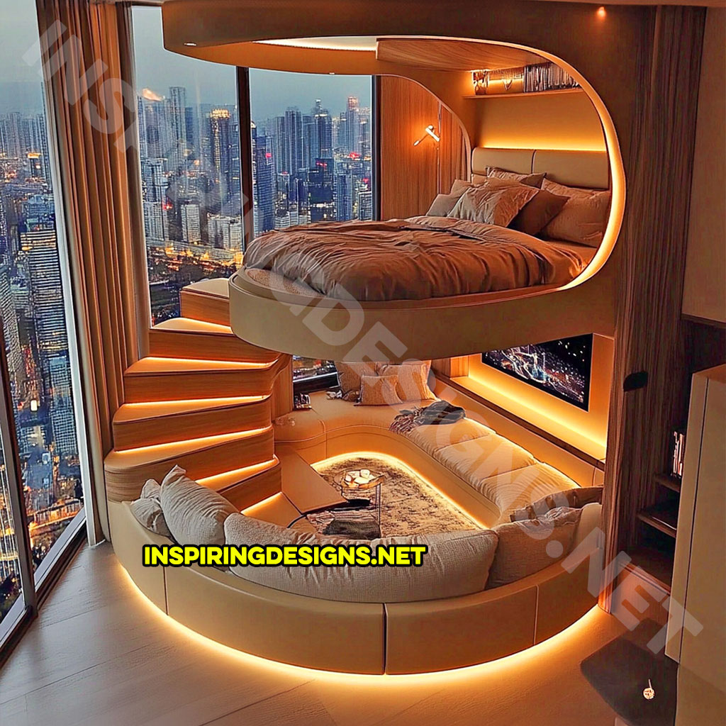 Elevated Loft Beds with lounge area below in brown and wood color