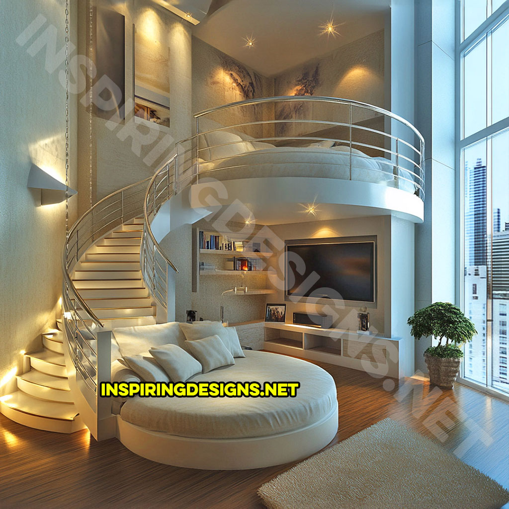 Elevated Loft Beds with lounge area below in white color