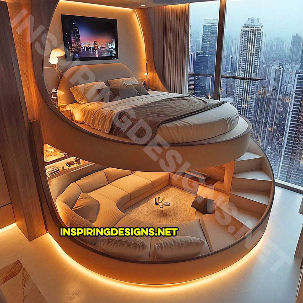 Elevated Loft Beds with lounge area below in cream and wood color