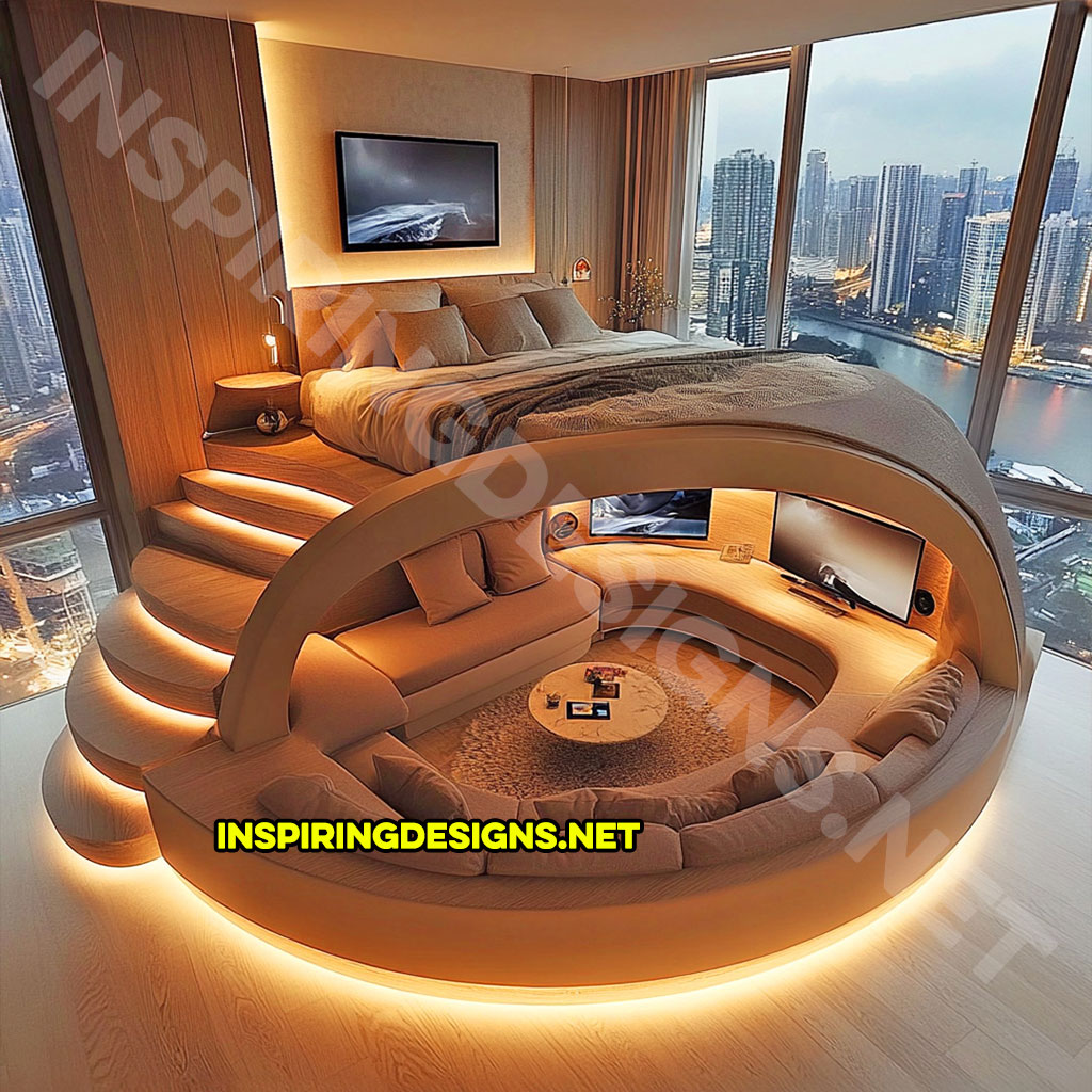 Elevated Loft Beds with lounge area below in brown color