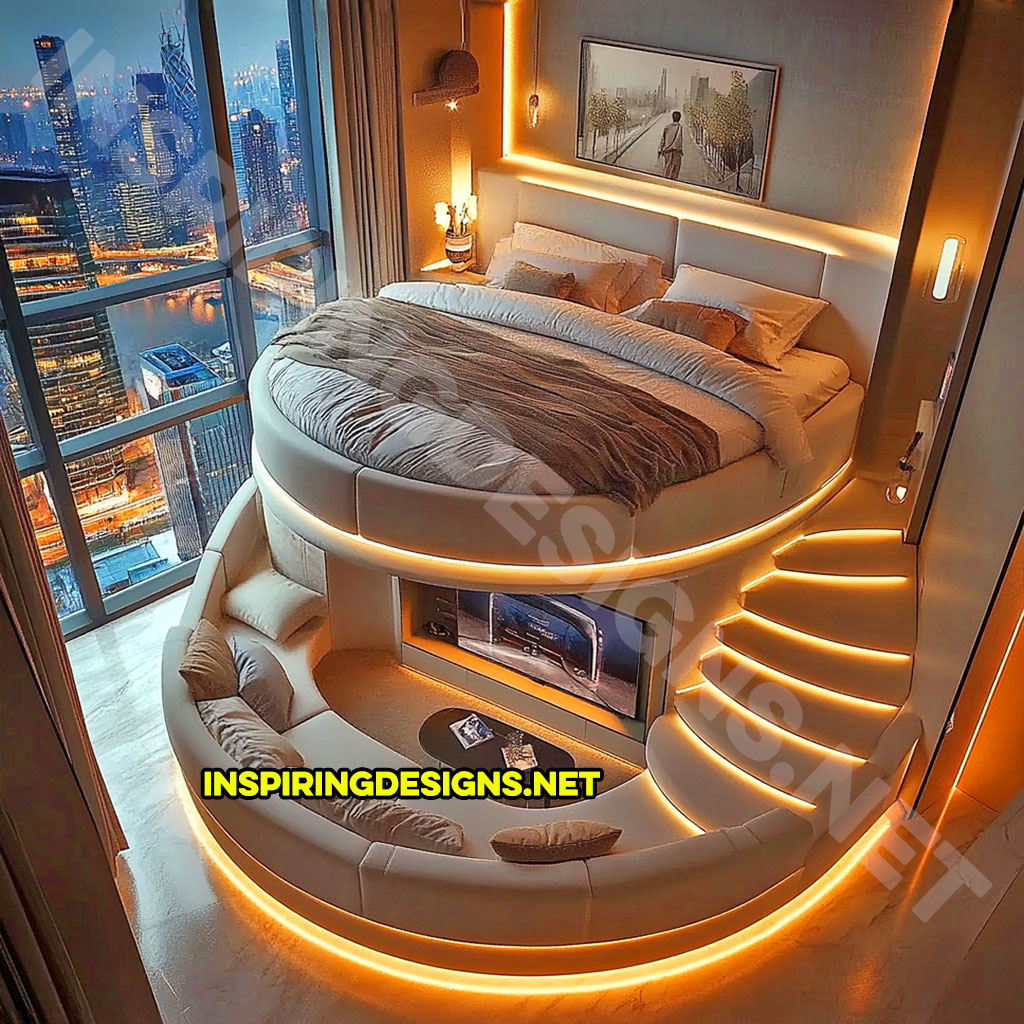 Elevated Loft Beds with lounge area below in cream color