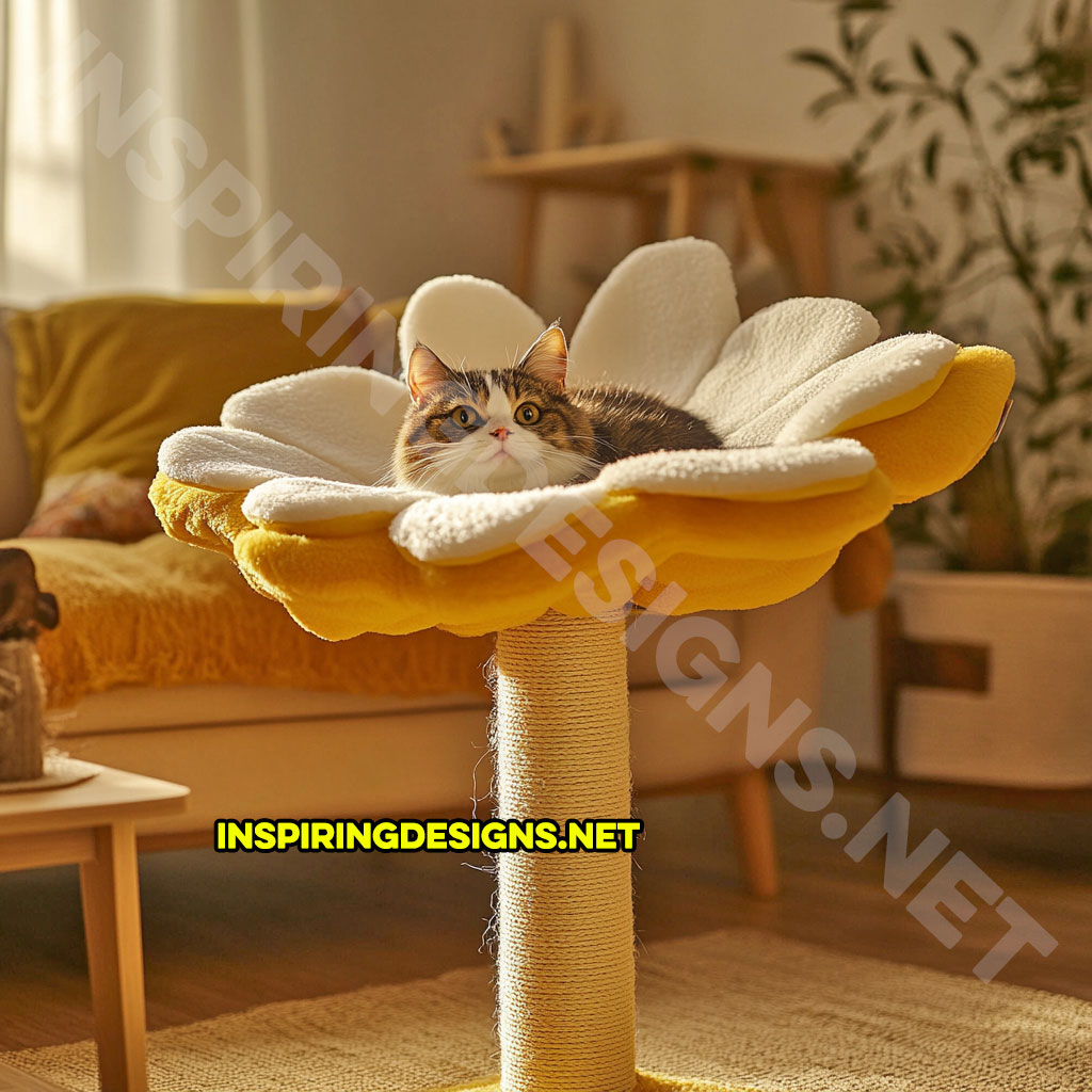 flower shaped cat tree in white and yellow daisy design