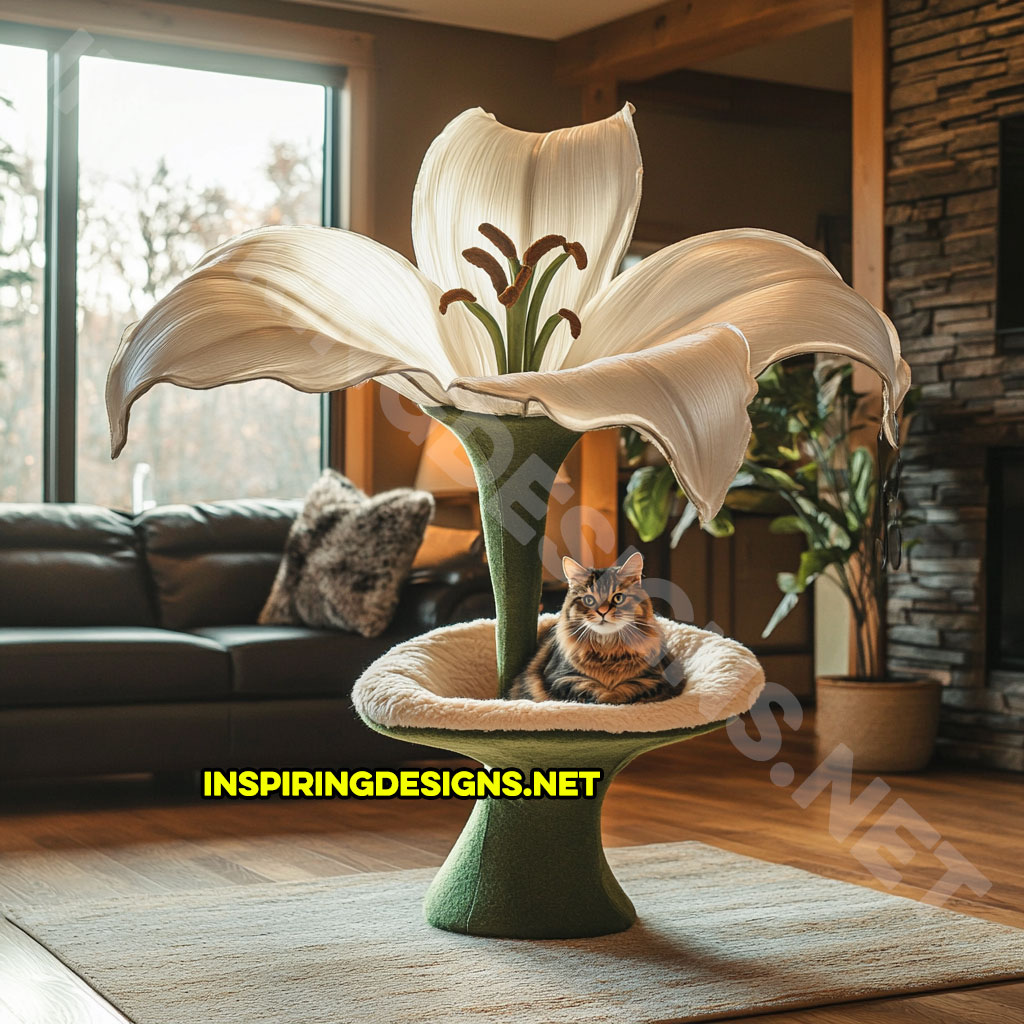 flower shaped cat tree in white and green lily design