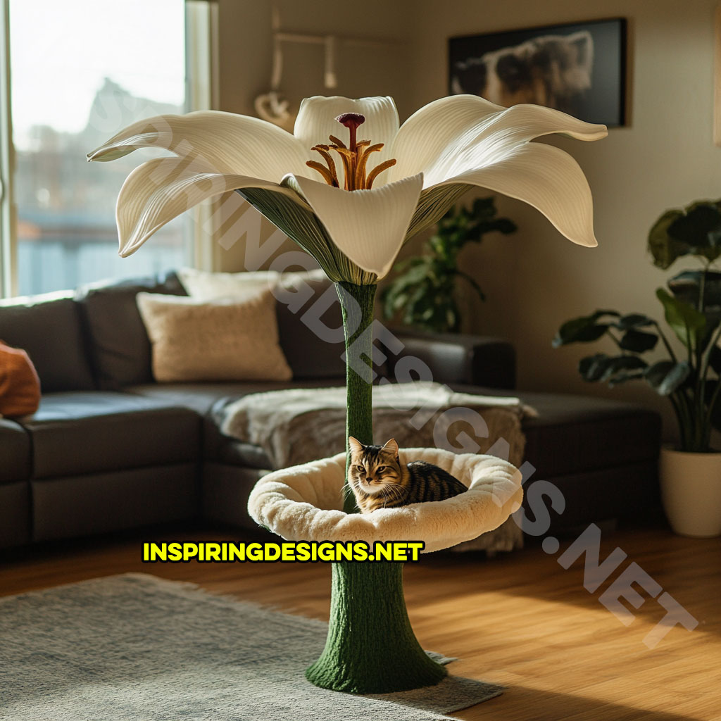 flower shaped cat tree in white and green lily design