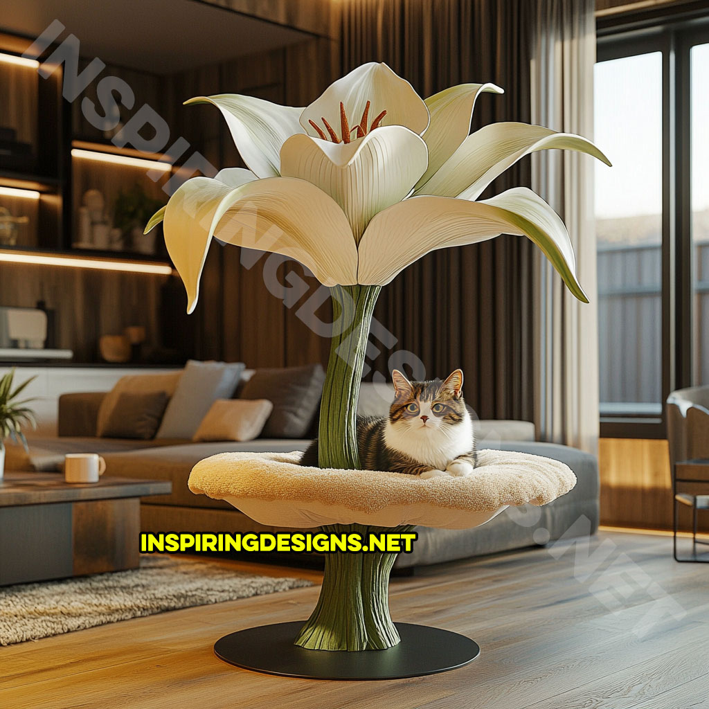 flower shaped cat tree in white and green lily design