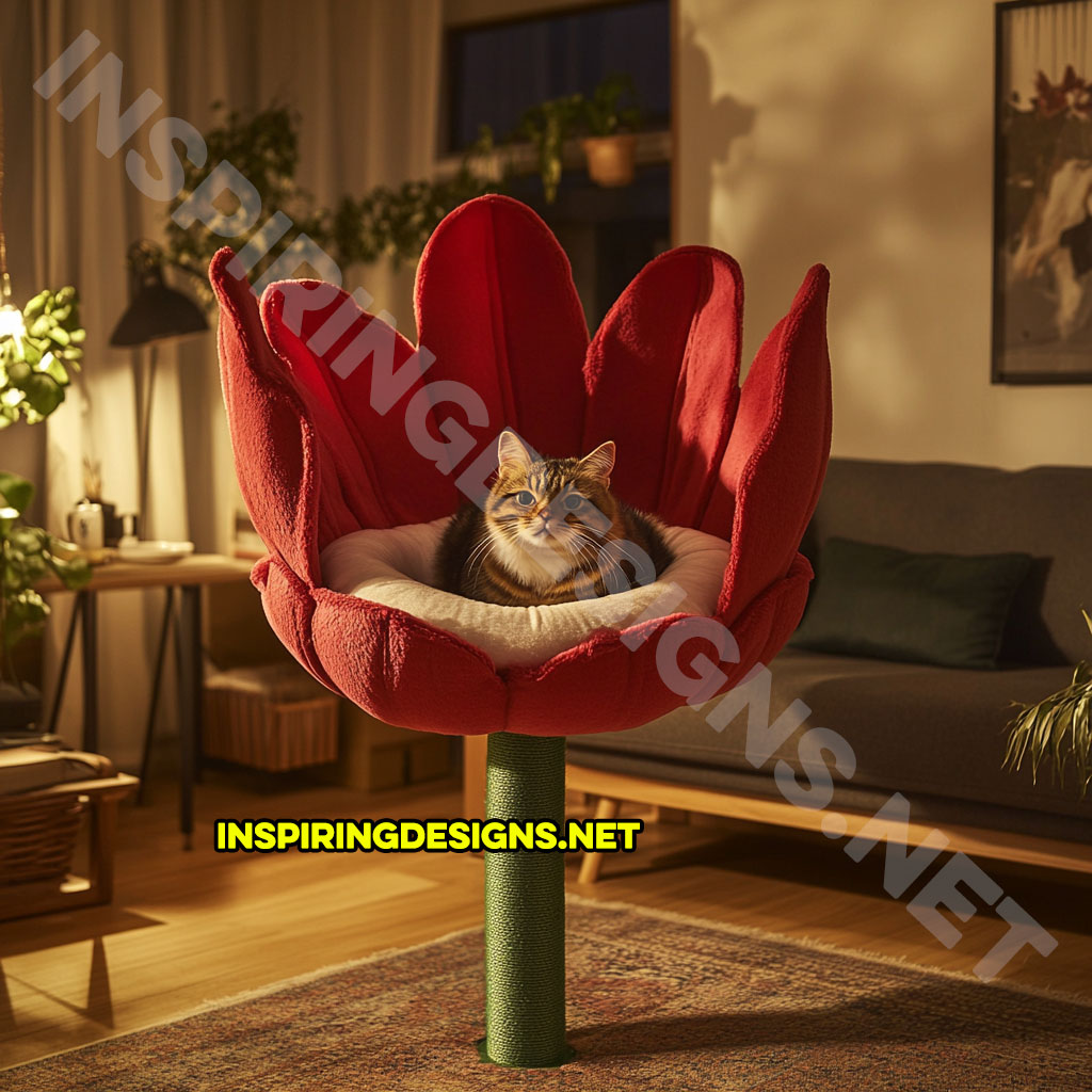 flower shaped cat tree in red tulip design