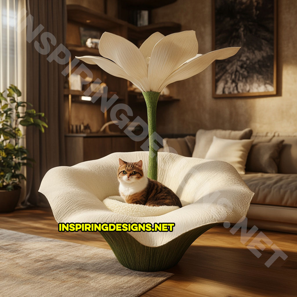 flower shaped cat tree in white and green lily design