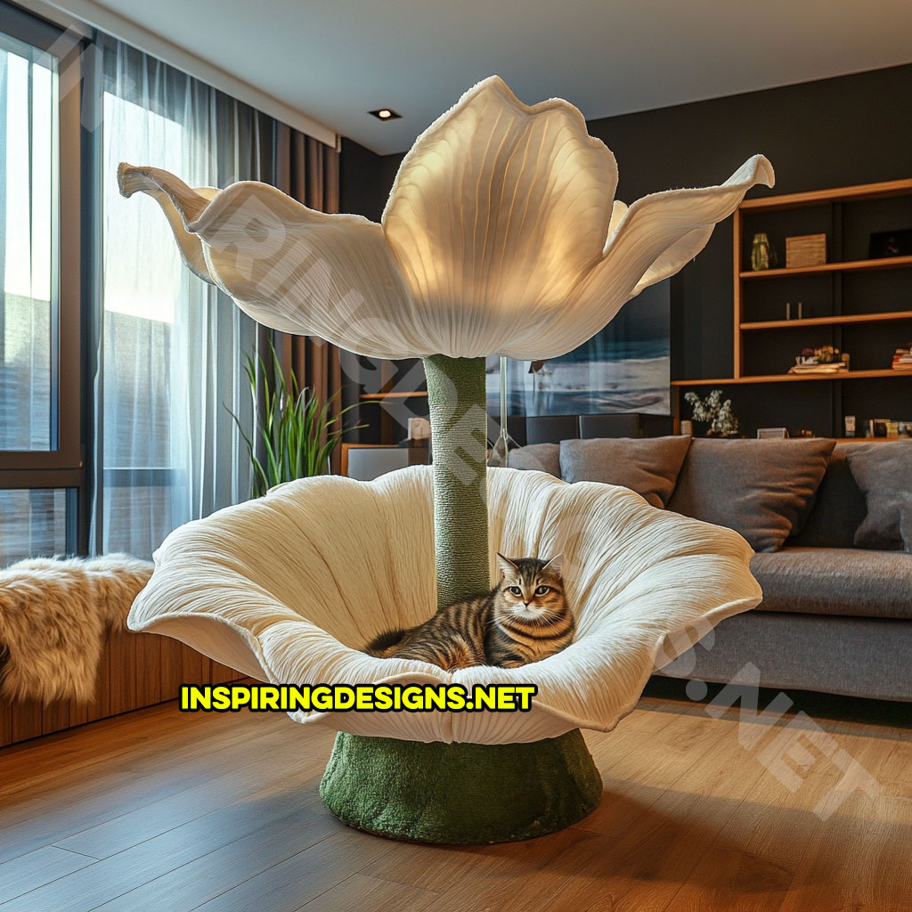 flower shaped cat tree in a white and green lily design