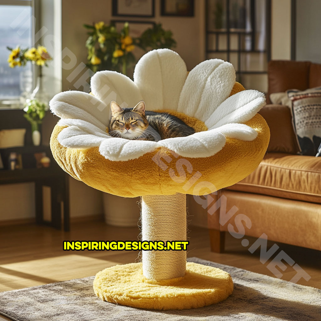 flower shaped cat tree in yellow and white daisy design