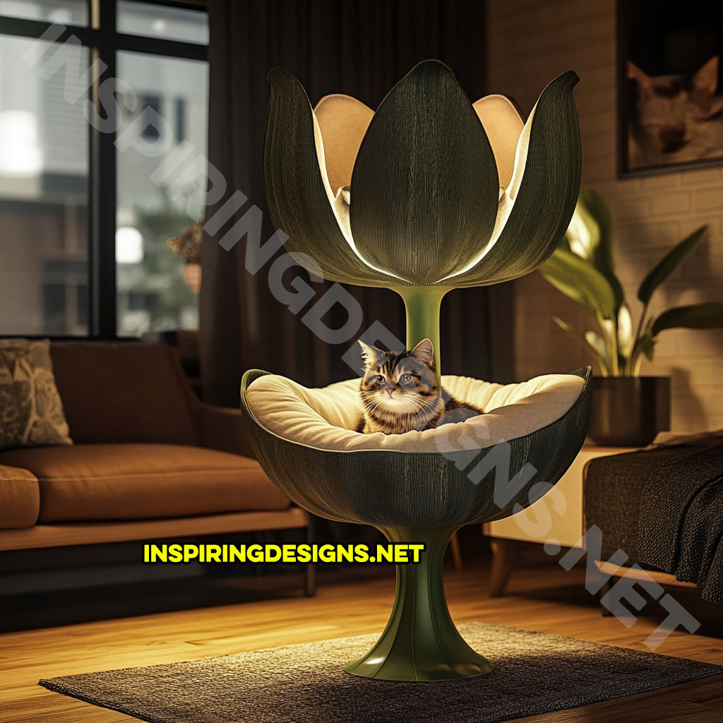 flower shaped cat tree in white and green tulip design