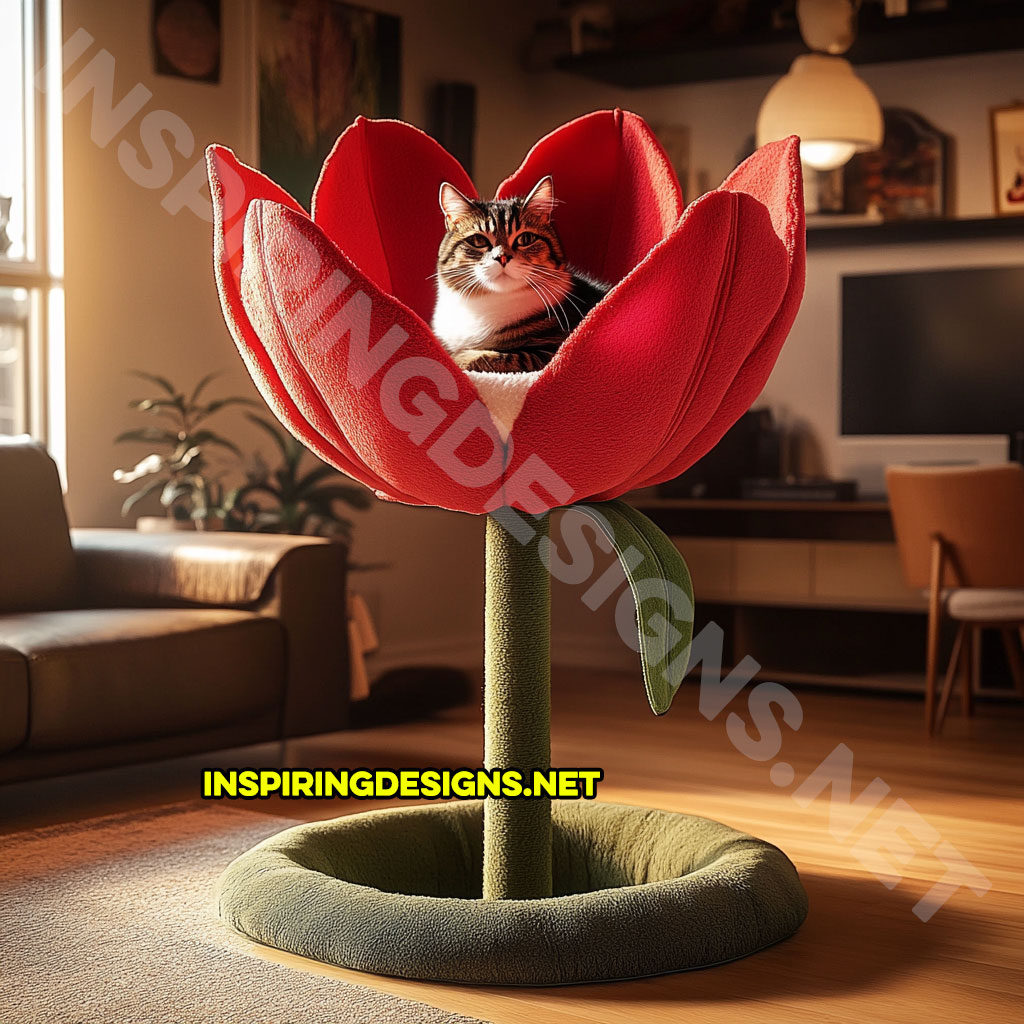 flower shaped cat tree in red rose design