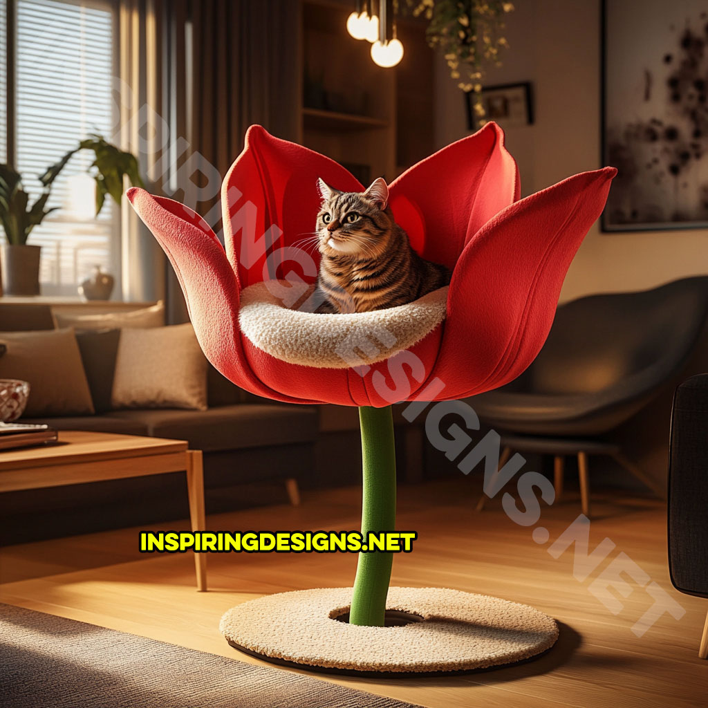 flower shaped cat tree in a red rose design