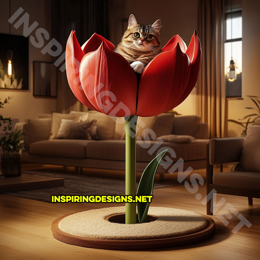 flower shaped cat tree in red tulip design