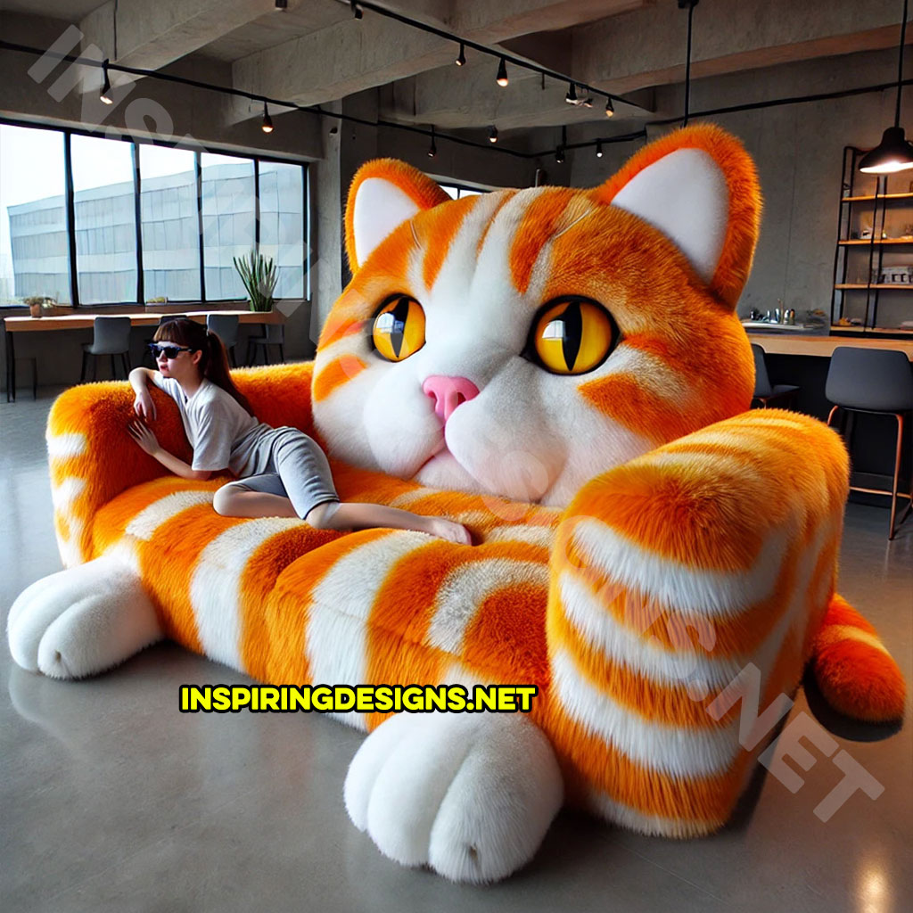 giant cat shaped lounger in a orange and white color palette