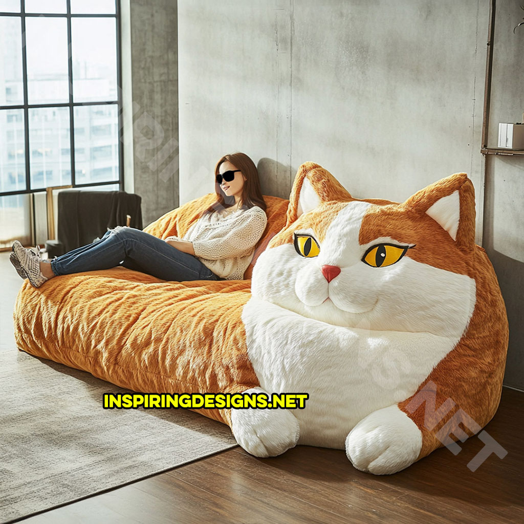 giant cat shaped lounger in orange and white color palette