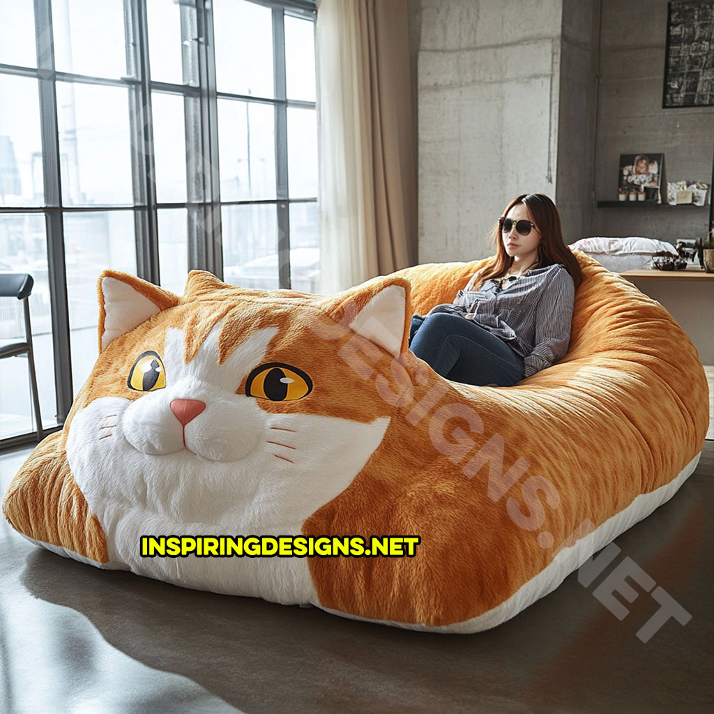 giant cat shaped lounger in a brown and white color palette