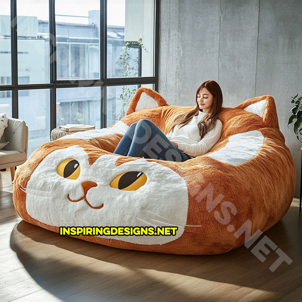 giant cat shaped lounger in a brown and white color palette