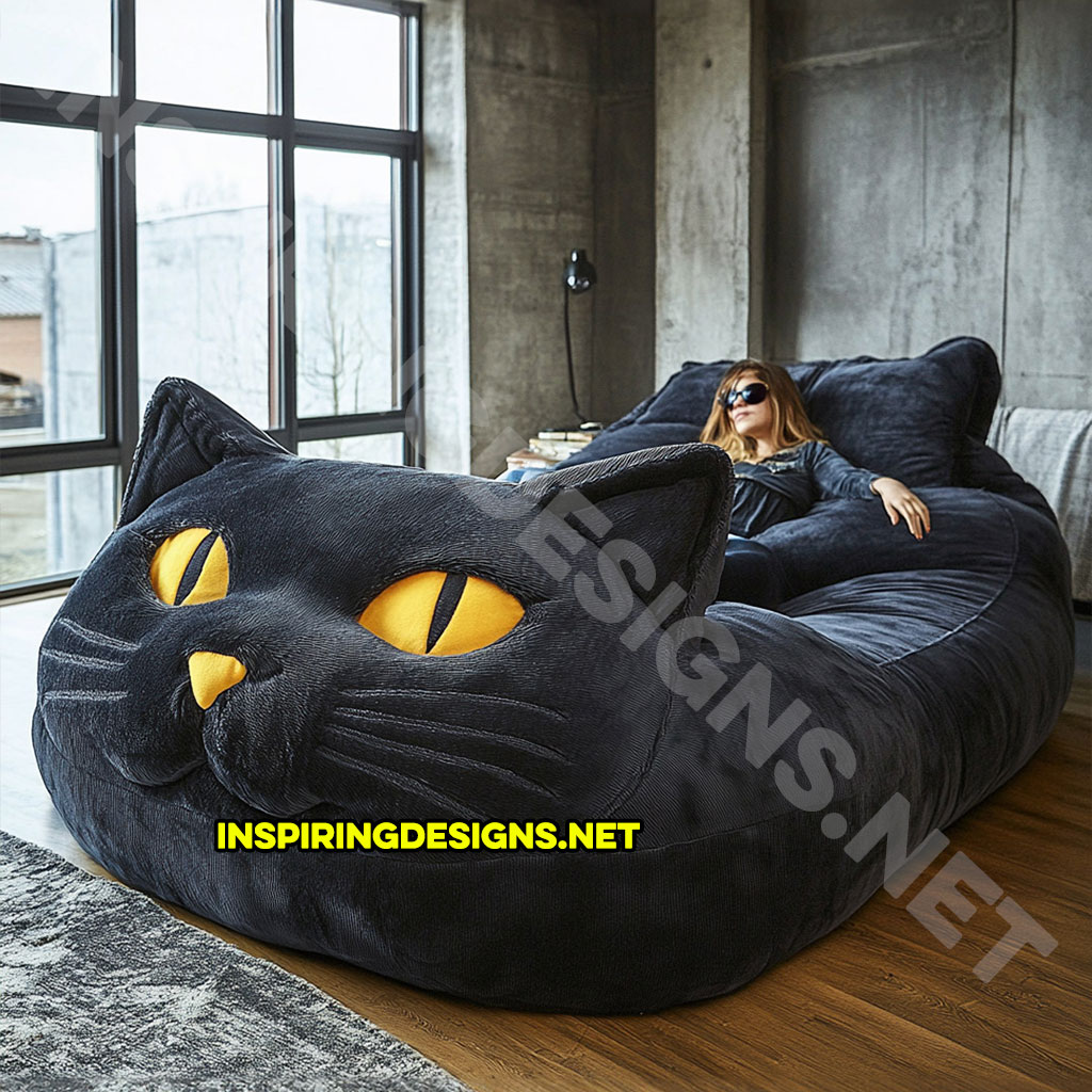 giant cat shaped lounger in a black color palette