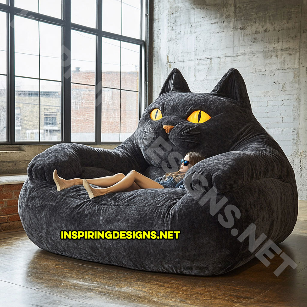 giant cat shaped lounger in a black color palette