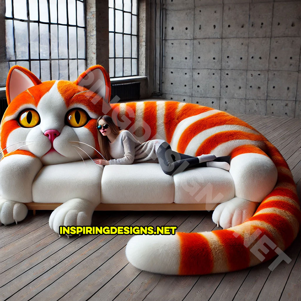 giant cat shaped lounger in a orange and white color palette