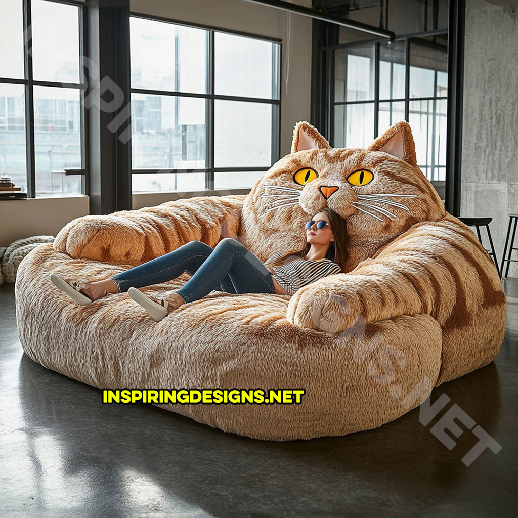 giant cat shaped lounger in a brown color palette