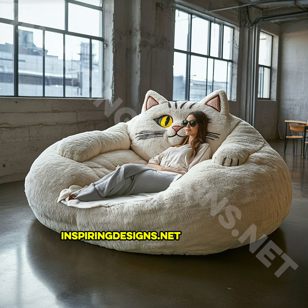 giant cat shaped lounger in a cream color palette