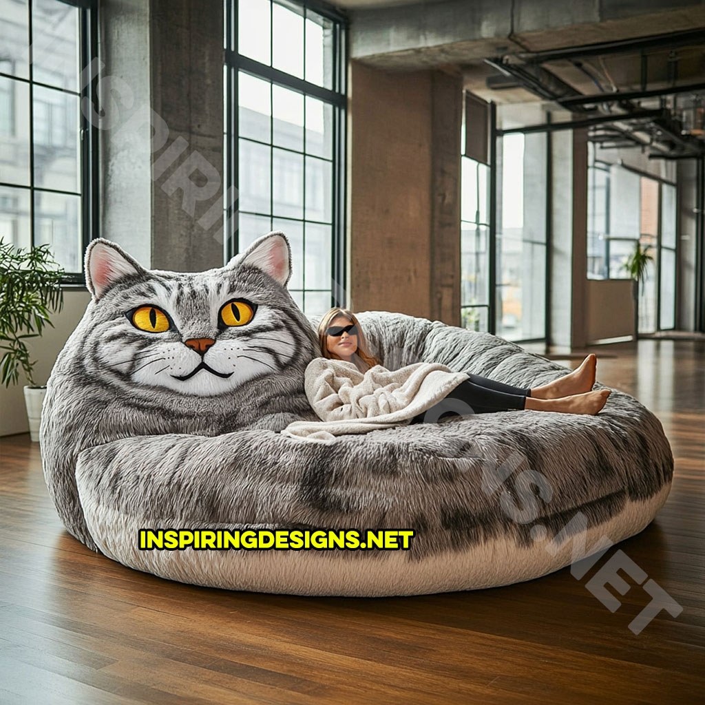 giant cat shaped lounger in a grey and white color palette