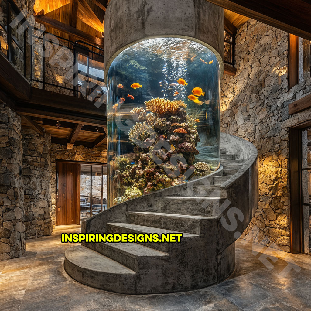 spiral staircase aquarium in a concrete design