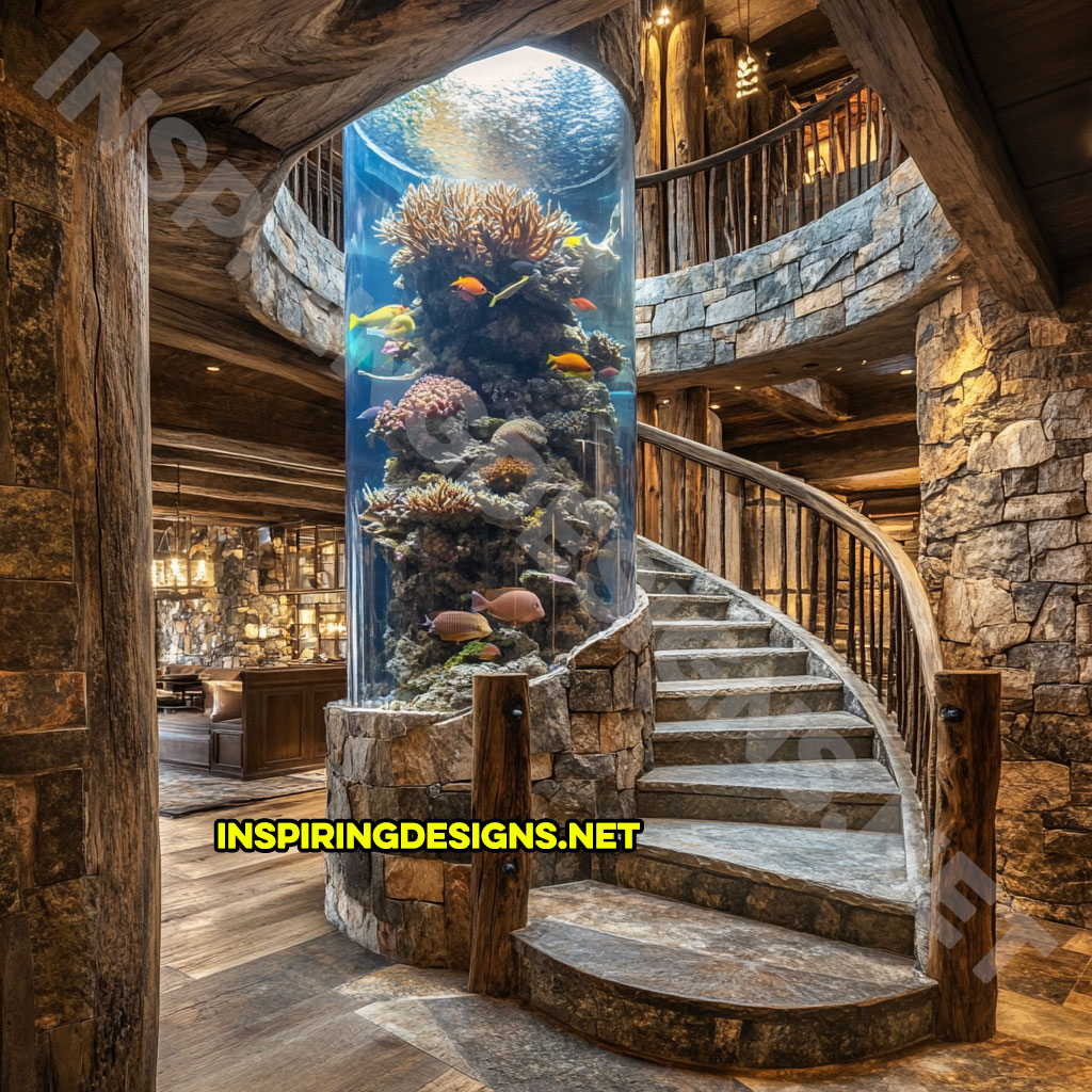 spiral staircase aquarium in a stone design