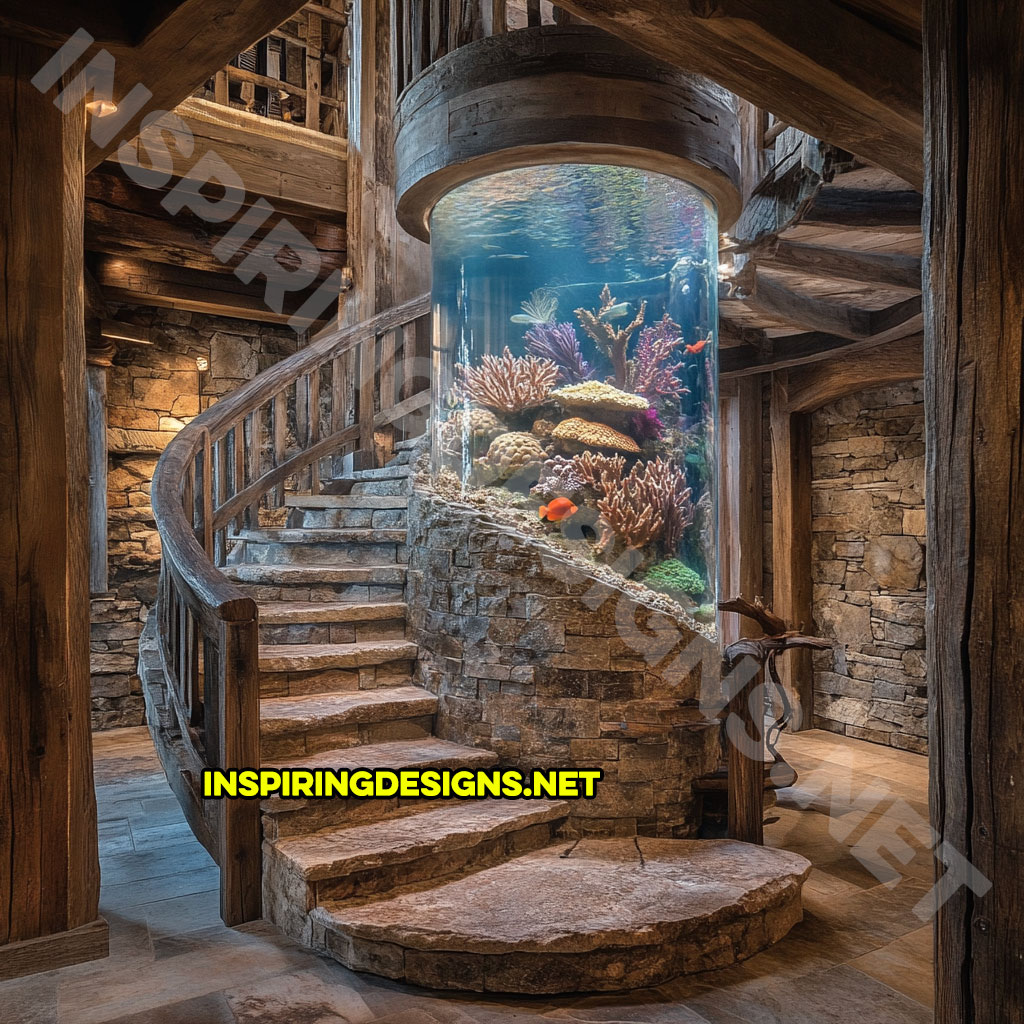 spiral staircase aquarium in a stone design