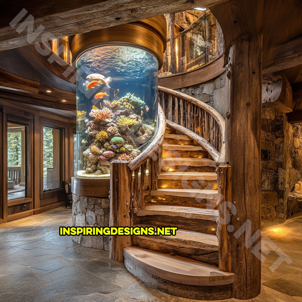 spiral staircase aquarium in a rustic wood design