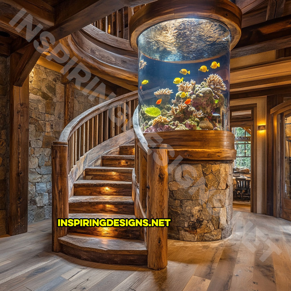 spiral staircase aquarium in a rustic wood design