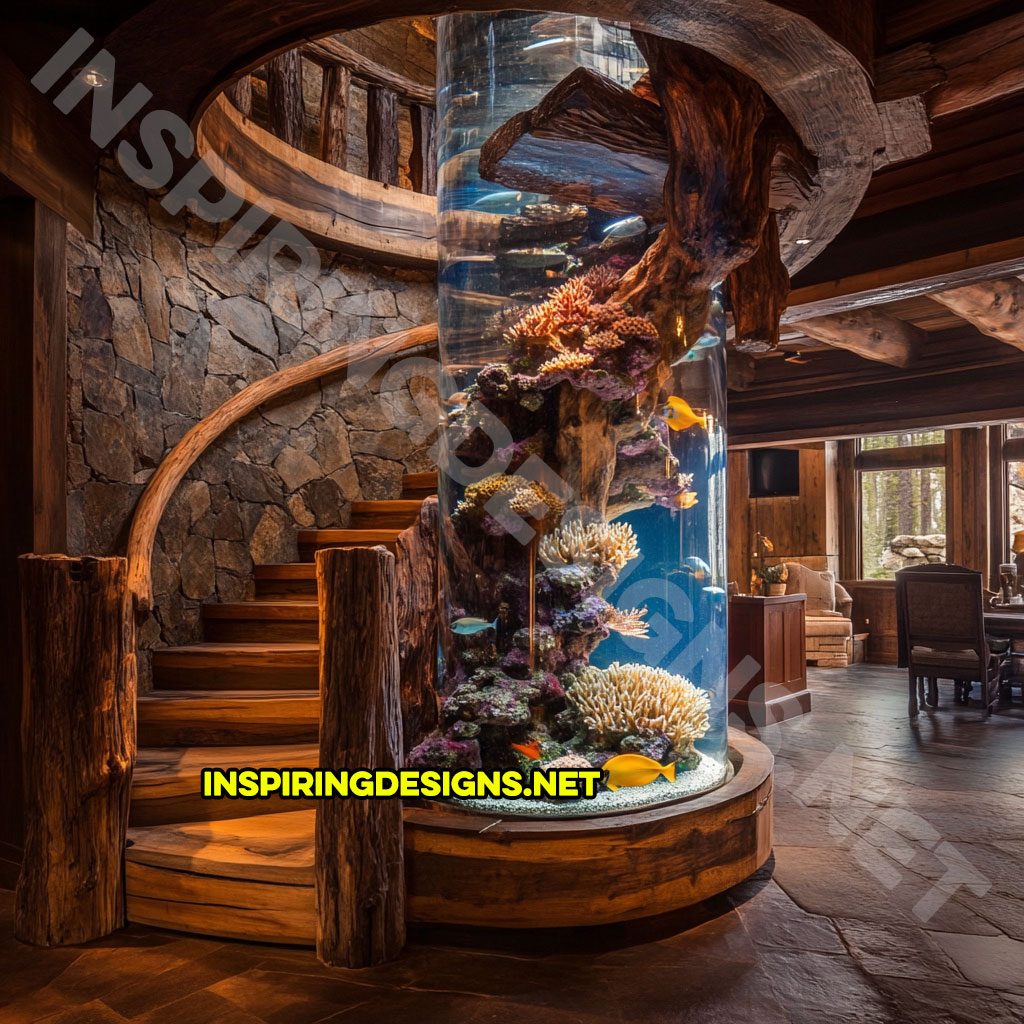 spiral staircase aquarium in a rustic design